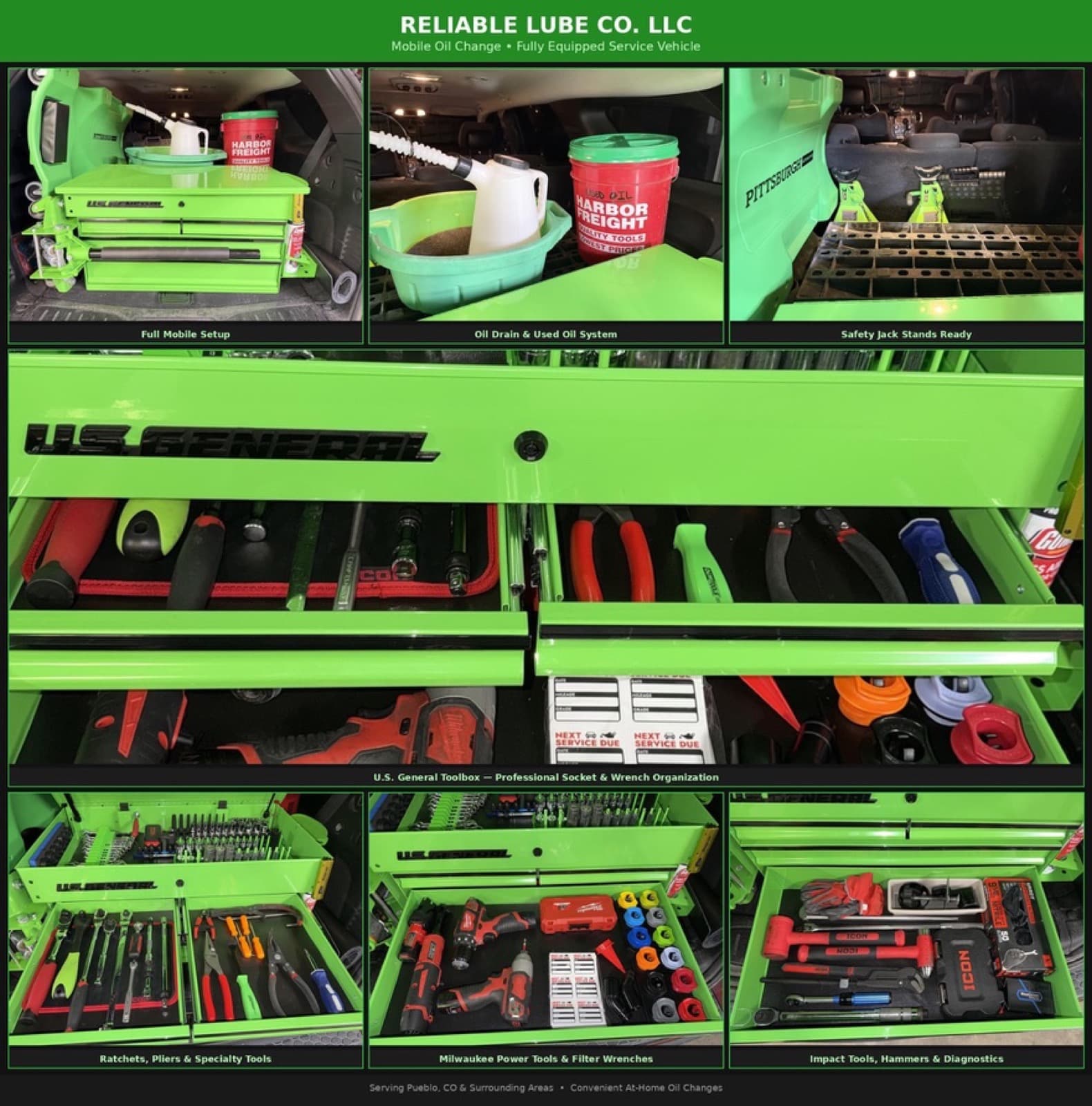 Reliable Lube Co. fully equipped mobile oil change vehicle and tools